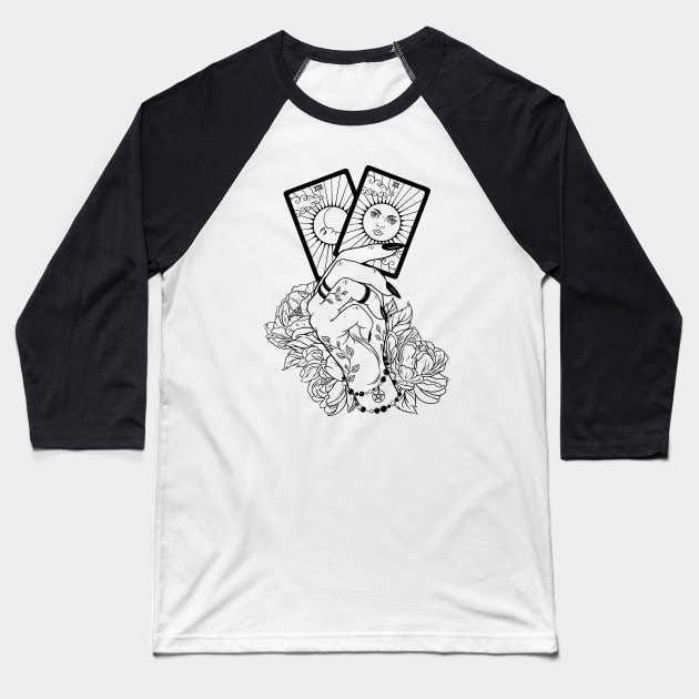 Witch hand hold two tarot cards The Moon and The Sun Baseball T-Shirt by OccultOmaStore